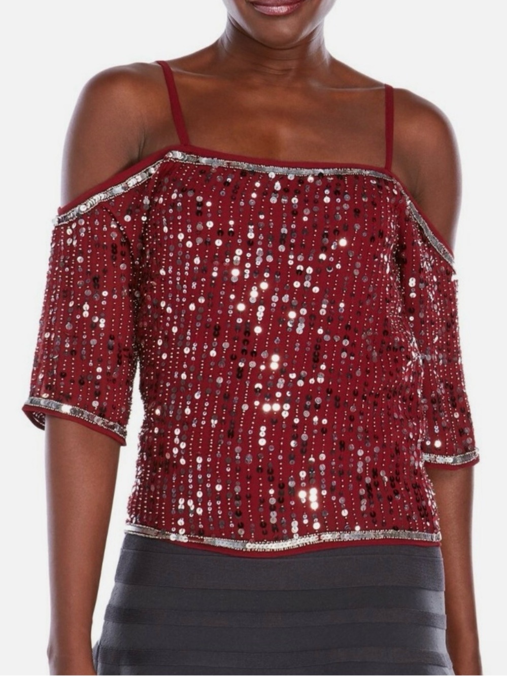 Walter Baker Helena Burgundy Red Silver Black  Sequins Cold-Shoulder Top XS